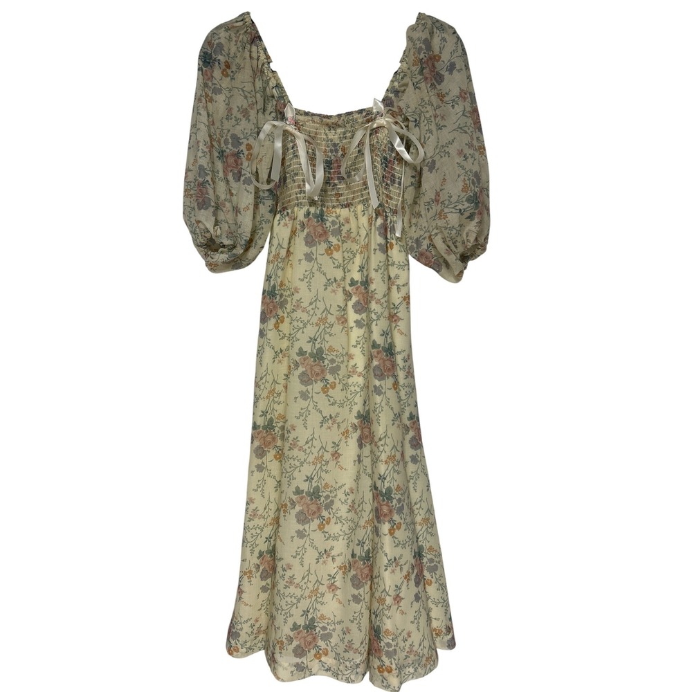 Vintage Cottagecore Floral Smocked Maxi Dress Puff Sleeve Cream Pink Girl's Sz 7
